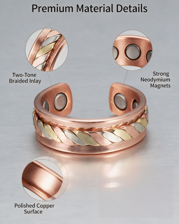 WOLLET Tri-Tone Copper Magnetic Bracelet – Luxury Rose Gold Cuff with Gold & Silver Braided Design
