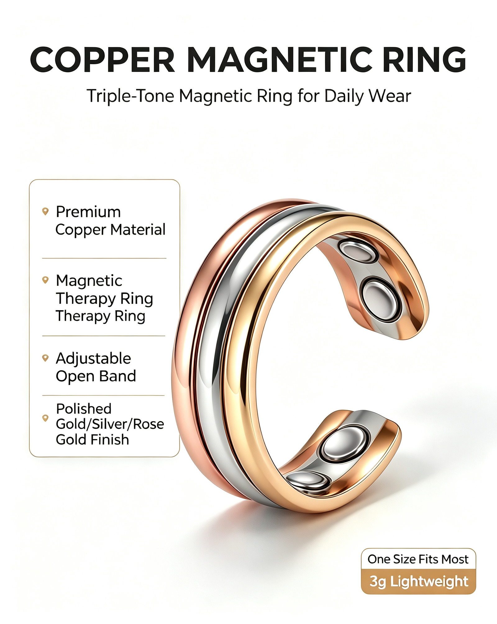 WOLLET Tri-Color Magnetic Bracelet – Luxury Open Cuff Jewelry with Gold, Silver &amp; Rose Gold Design