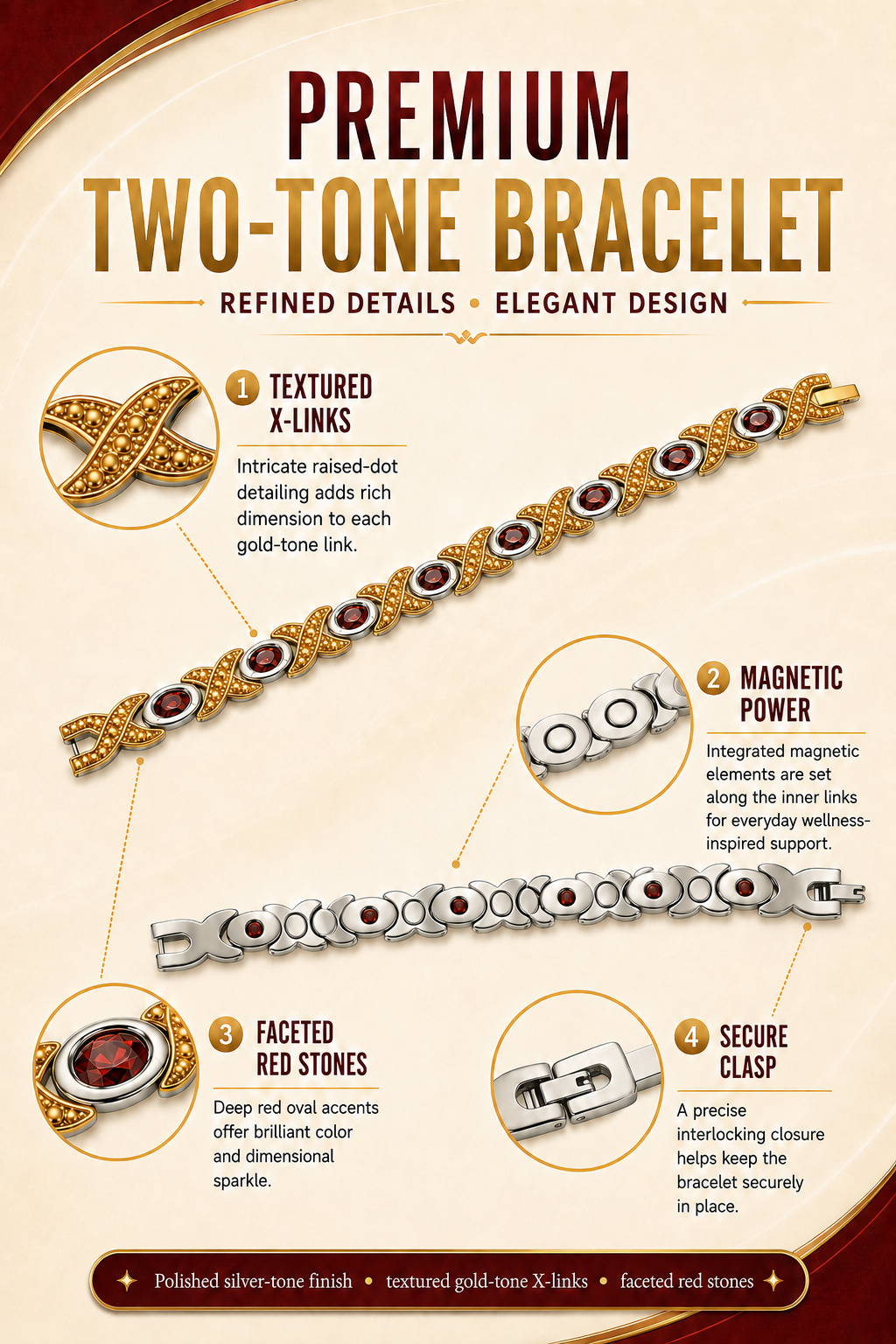 WOLLET Women’s Titanium Magnetic Bracelet – Stylish Rose Gold and Silver Two-Tone Design