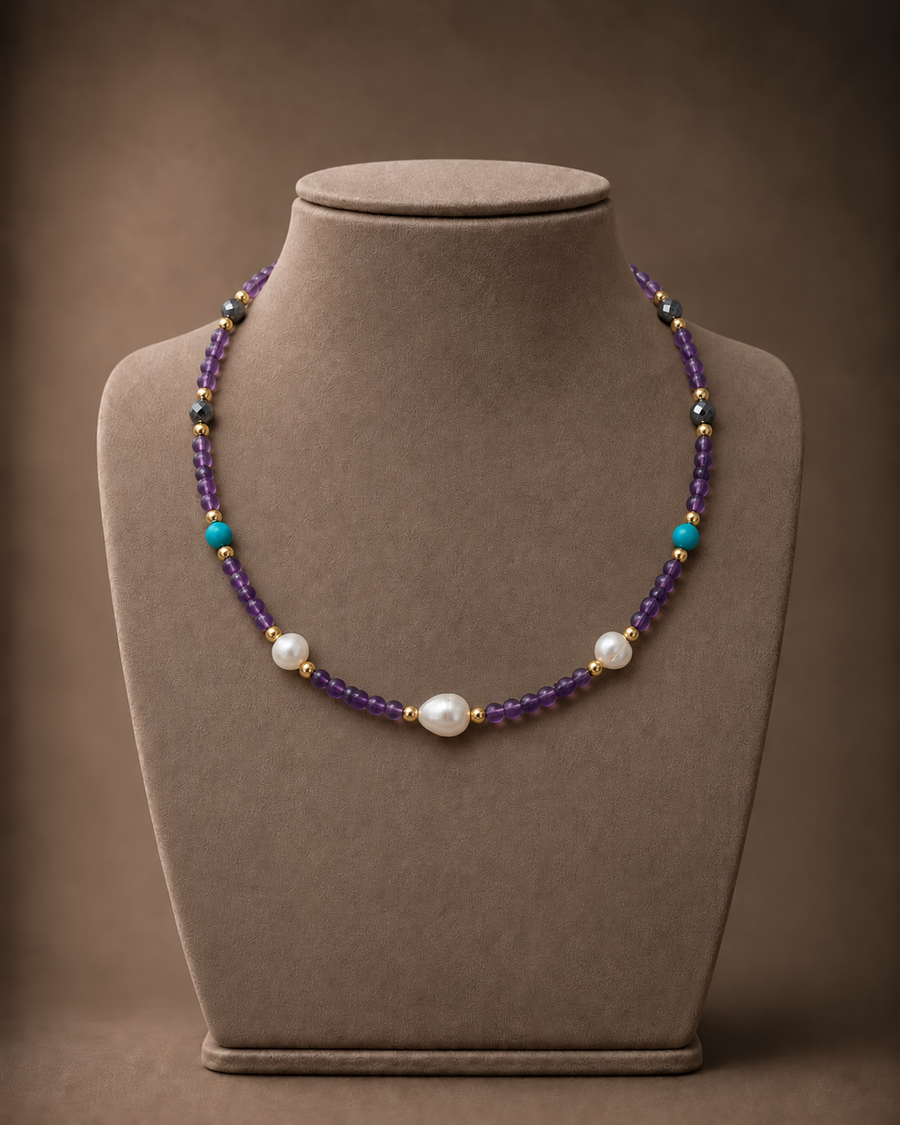 WOLLET Pearl, Hematite & Amethyst Beaded Necklace