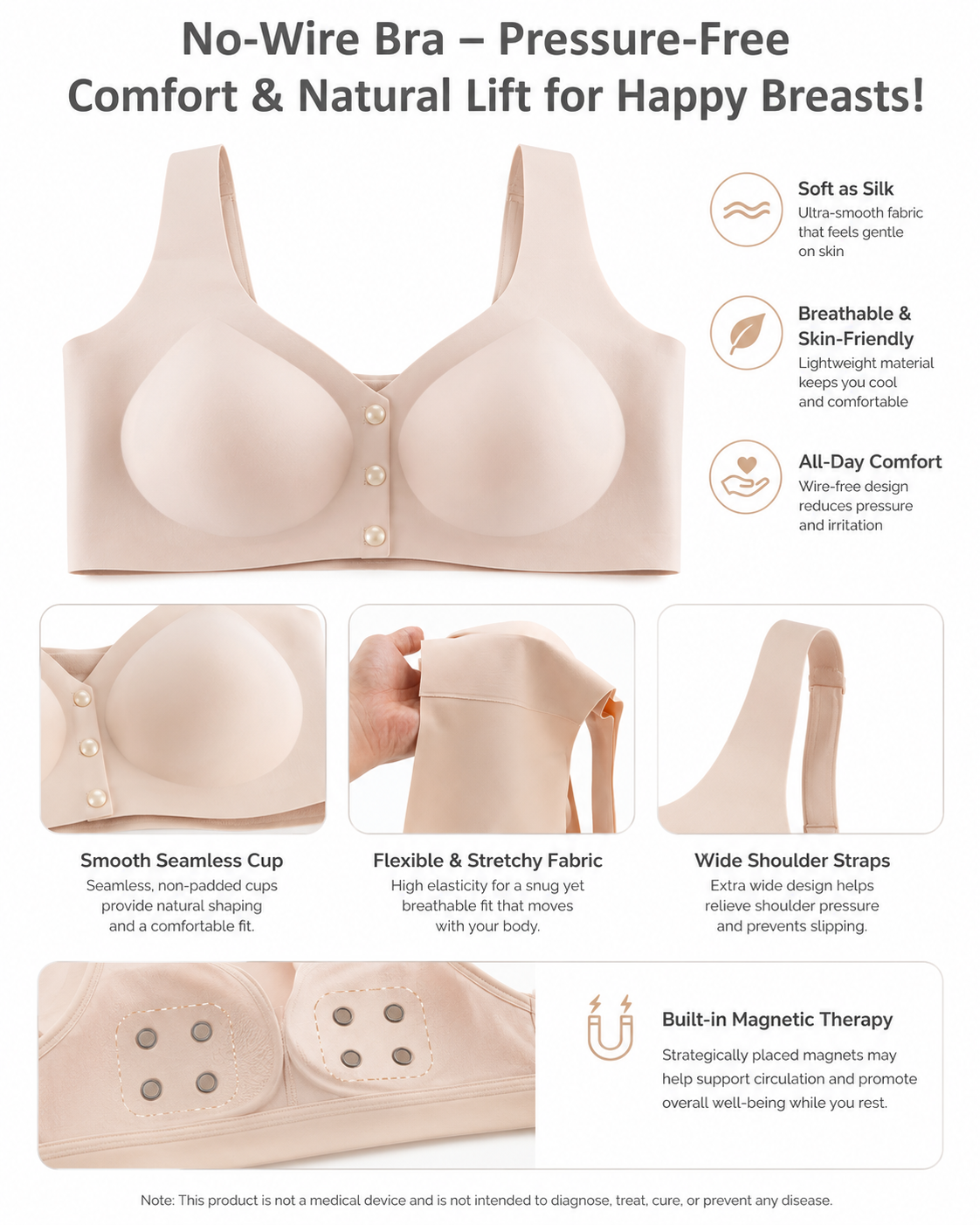 WOLLET Magnetic Sleep Bra for Women, 3000 Gauss NdFeB Magnets, Wireless Seamless Comfort Bra with Front Closure, Wide Straps and Gentle Everyday Support
