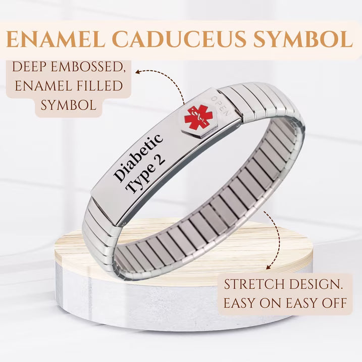 Wollet Expandable Medical Alert ID Bracelets for Women, Diabetic Type 2, 7inches