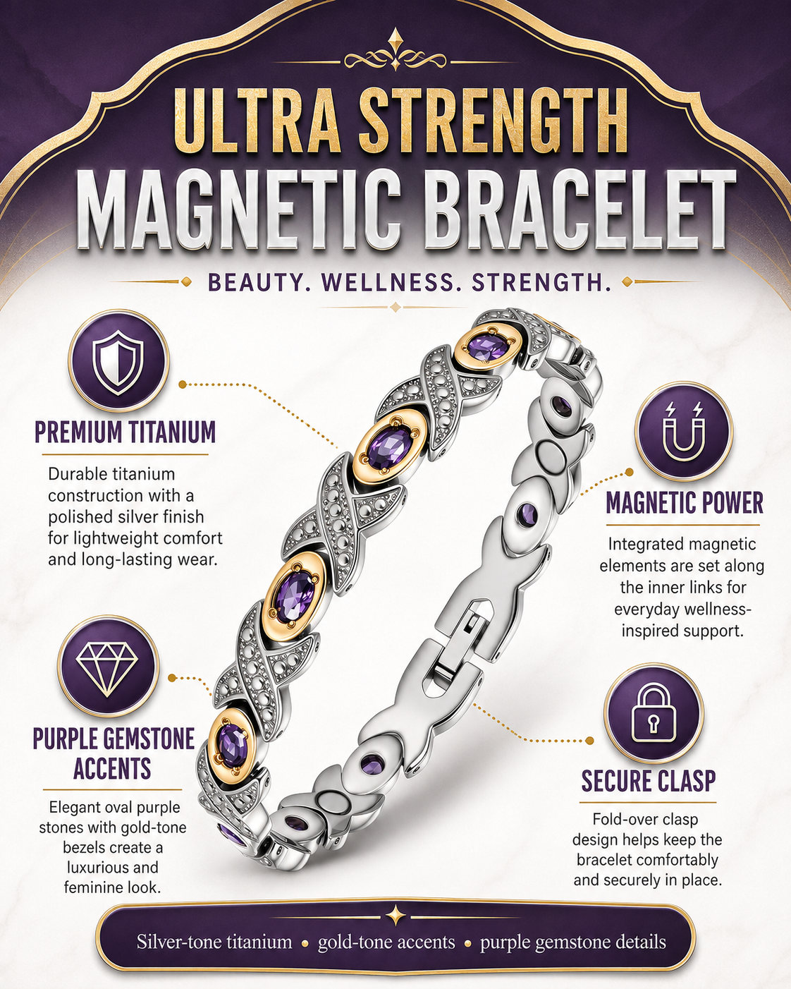 WOLLET Lightweight Titanium Bracelet for Women – Elegant Magnetic Jewelry for Everyday Wear