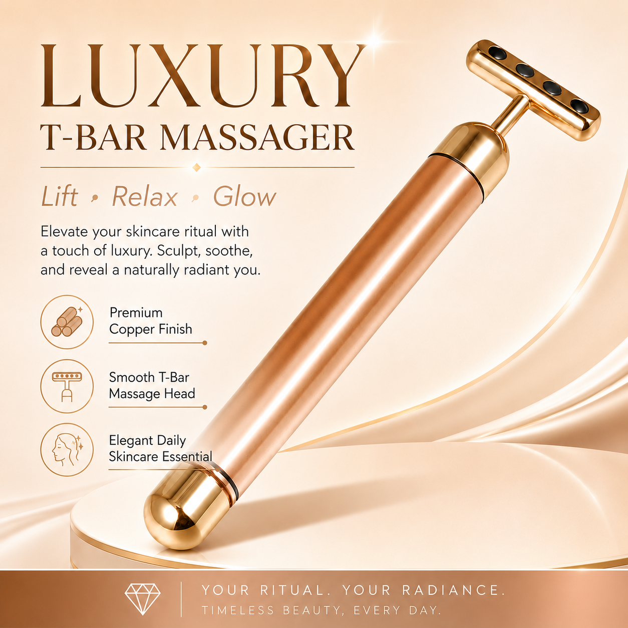 Luxury T-Bar Facial Massager – Premium Copper Finish Skin Sculpting Beauty Tool for Face Lift & Relaxation