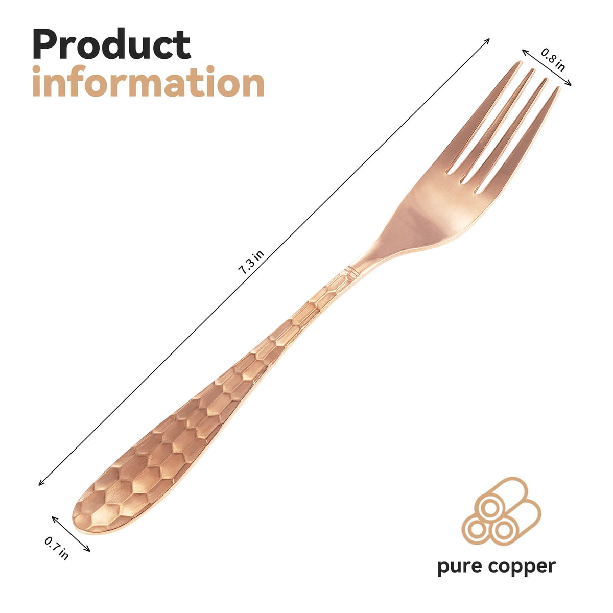 Wollet Solid 99.9% Pure Copper Utensils Flatware, Hand Hammered Spoon and Fork, Set of 4