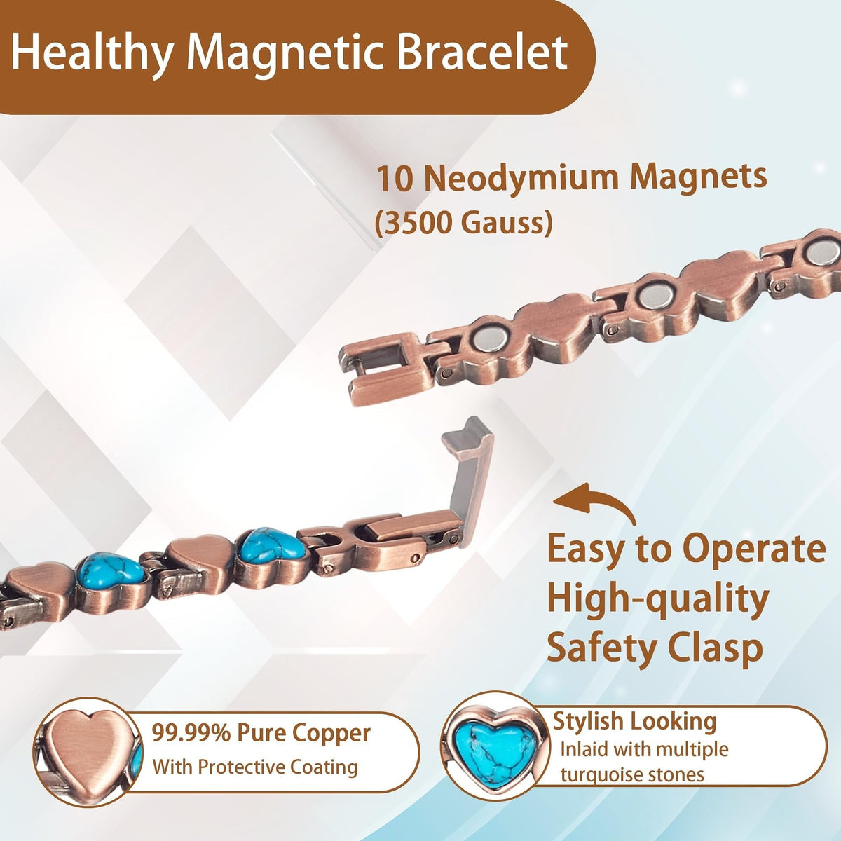 Wollet Magnetic  Pure Copper Bracelet for Women, Turquoise Stone