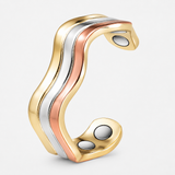 WOLLET Tri-Color Magnetic Cuff Bracelet – Luxury Gold Silver & Rose Gold Wave Design Jewelry