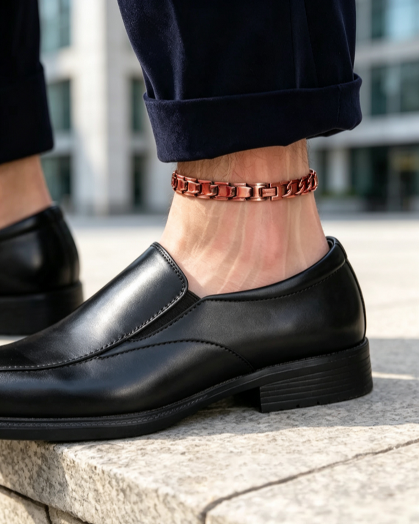 WOLLET Premium Copper Magnetic Anklet – Modern Rose Copper Link Ankle Bracelet with Brushed Finish