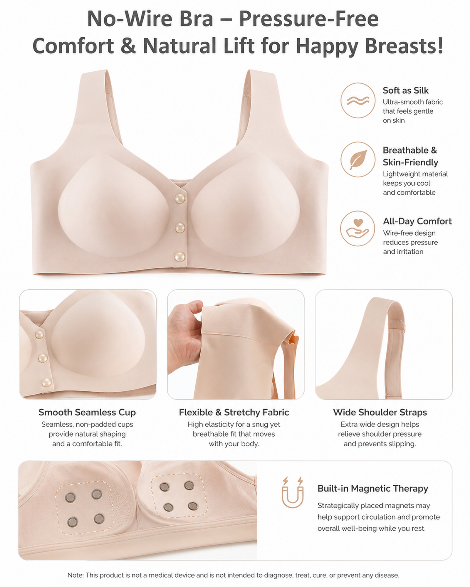 WOLLET Magnetic Sleep Bra for Women, 3000 Gauss NdFeB Magnets, Wireless Seamless Comfort Bra with Front Closure, Wide Straps and Gentle Everyday Support