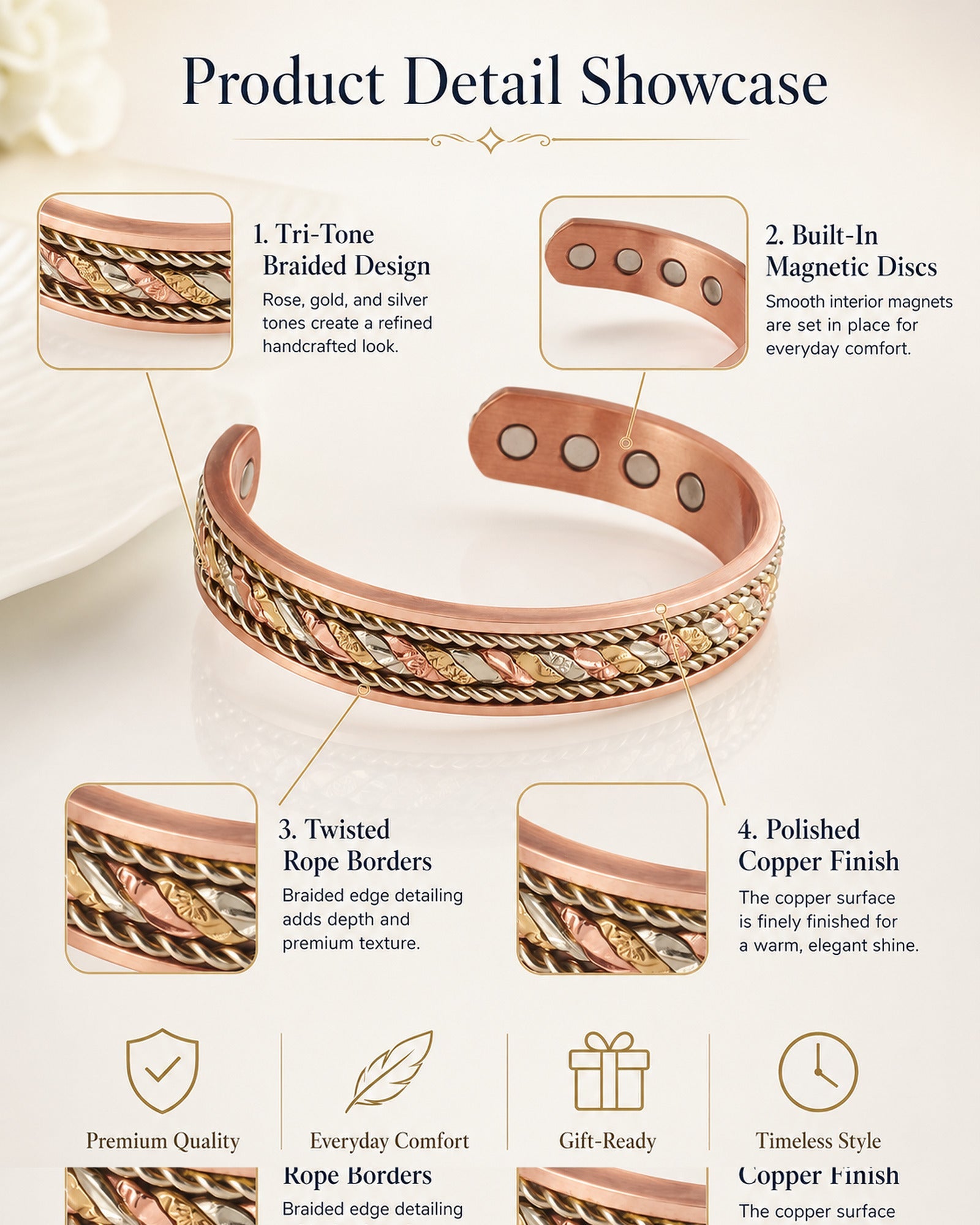 WOLLET Vintage Copper Magnetic Bracelet for Men – Handmade Style Adjustable Cuff Bracelet with Premium Craftsmanship