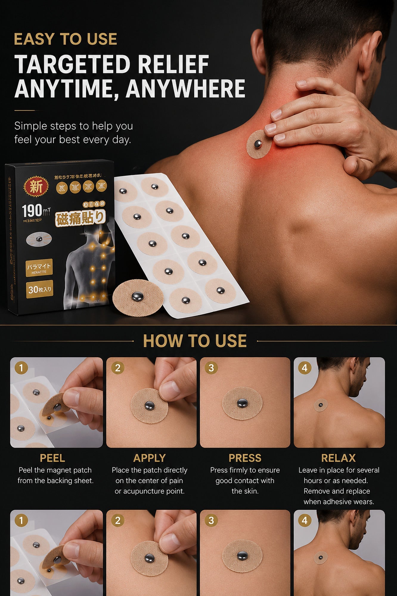 WOLLET Magnetic Acupressure Patches – 800 Gauss Hematite Magnets Kit
