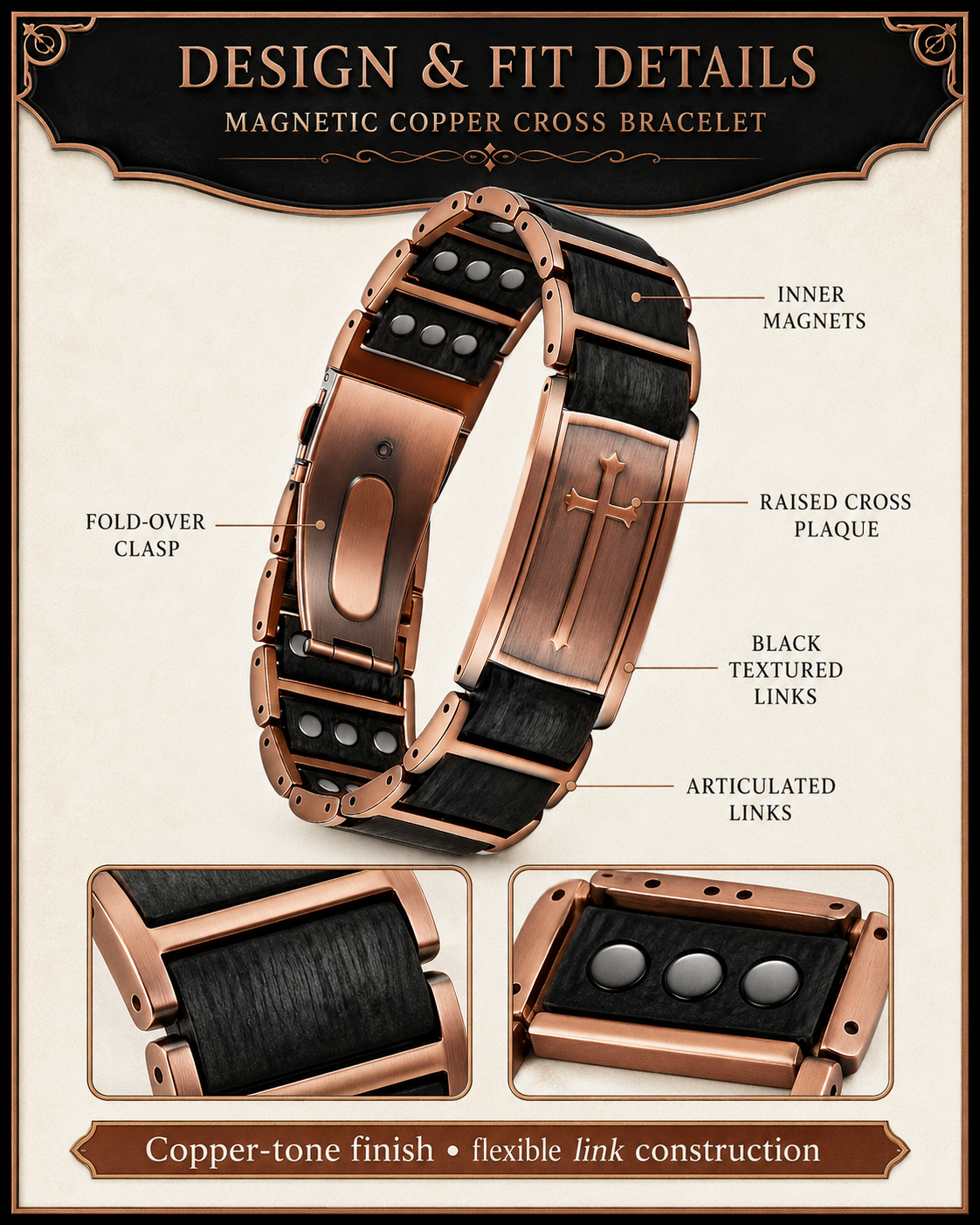 Wollet magnetic copper cross bracelet design and fit details
